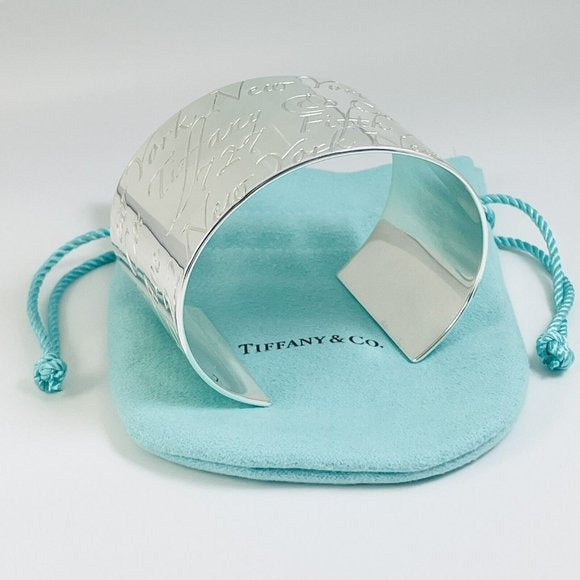 Large 7" Tiffany & Co 727 Fifth Ave New York Notes Cuff in Sterling Silver