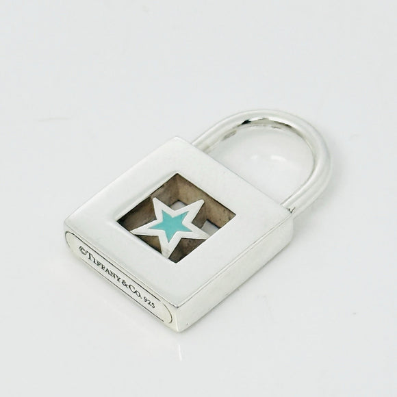 Tiffany Blue Enamel Star Padlock Lock Charm Pendant in Sterling Silver