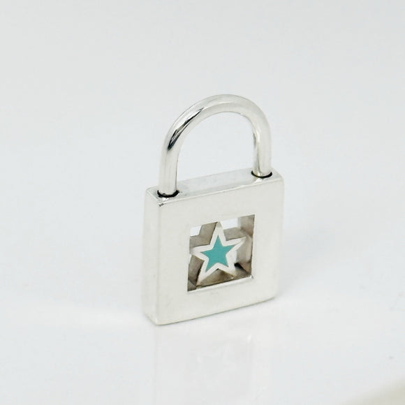 Tiffany Blue Enamel Star Padlock Lock Charm Pendant in Sterling Silver