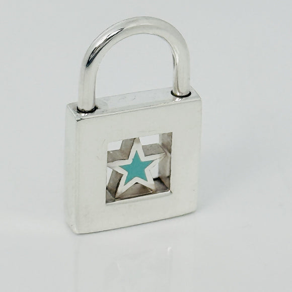 Tiffany Blue Enamel Star Padlock Lock Charm Pendant in Sterling Silver