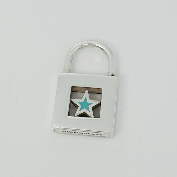 Tiffany Blue Enamel Star Padlock Lock Charm Pendant in Sterling Silver