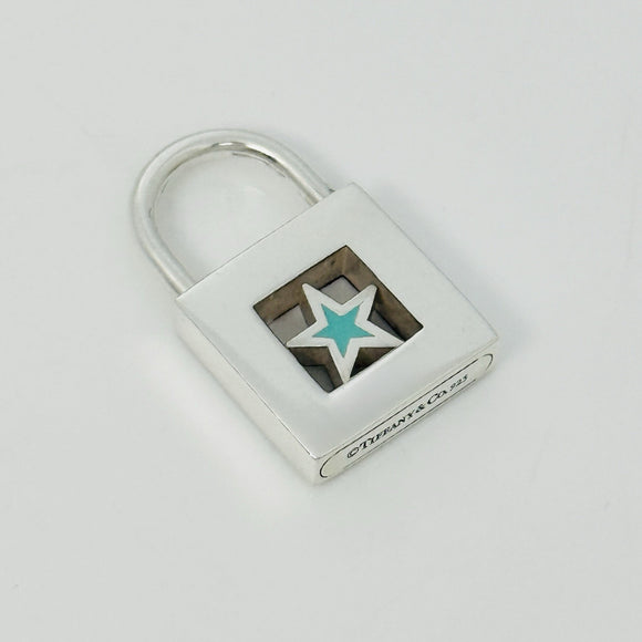 Tiffany Blue Enamel Star Padlock Lock Charm Pendant in Sterling Silver