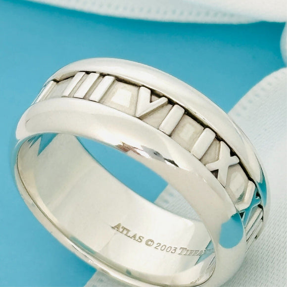 Size 8.5 Tiffany Wide Atlas Roman Numerals Mens Unisex Ring in Sterling Silver