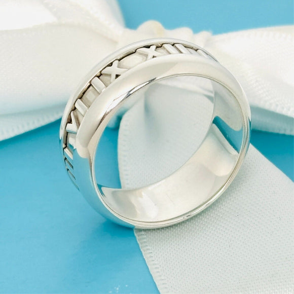Size 8.5 Tiffany Wide Atlas Roman Numerals Mens Unisex Ring in Sterling Silver