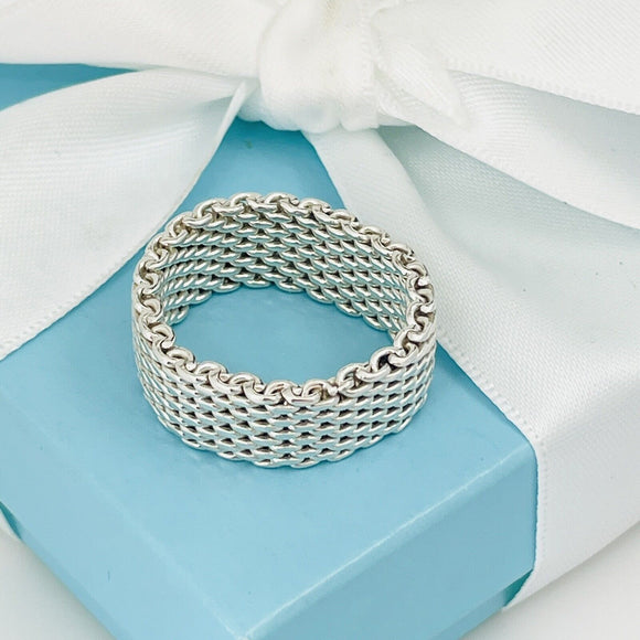 Size 10 Tiffany & Co Somerset Ring in Sterling Silver Mesh Weave Flexible Unisex