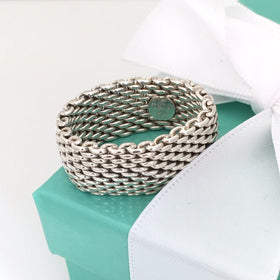 Size 9.5 Tiffany & Co Somerset Ring in Sterling Silver Mesh Weave Flexible Unisex - 0
