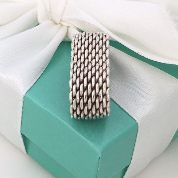 Size 9 Tiffany & Co Somerset Ring in Sterling Silver Mesh Weave Flexible Unisex