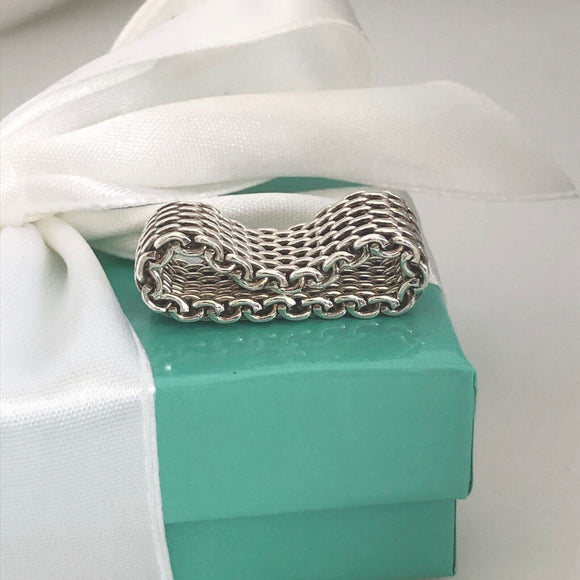 Size 7.5 Tiffany & Co Somerset Sterling Silver Ring Mesh Weave Flexible Unisex
