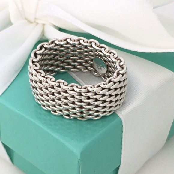 Size 9 Tiffany & Co Somerset Ring in Sterling Silver Mesh Weave Flexible Unisex