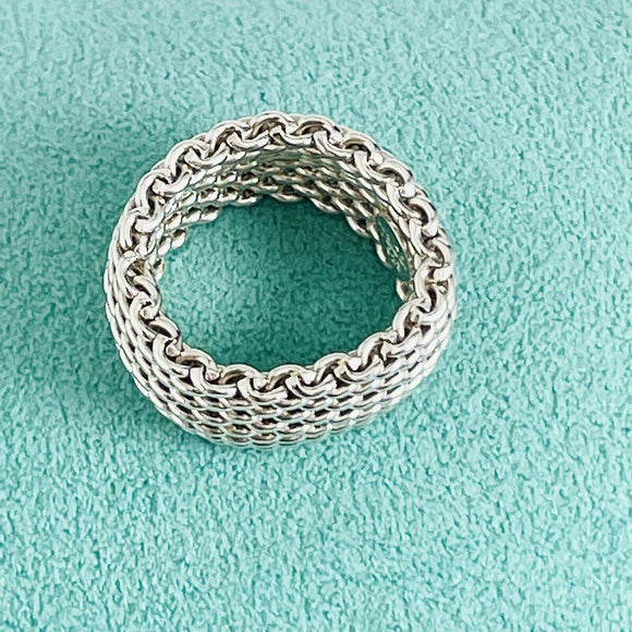 Size 4.5 Tiffany & Co Somerset Mesh Weave Flexible Dome Ring in Sterling Silver