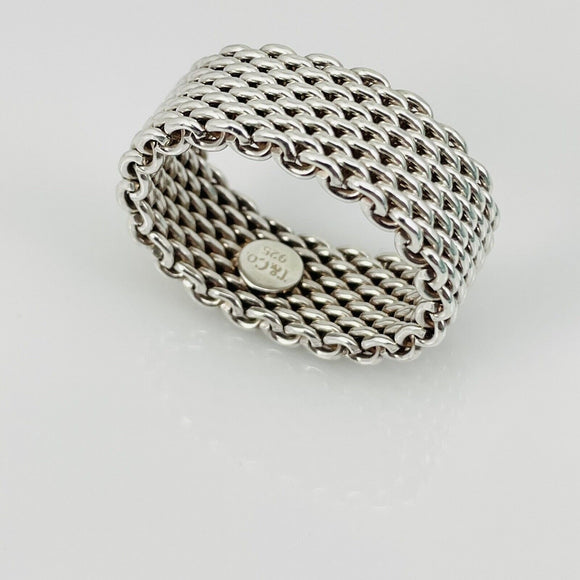 Size 8 Tiffany & Co Somerset Sterling Silver Ring Mesh Weave Flexible Unisex