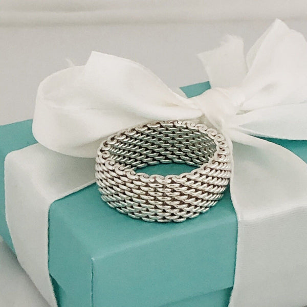 Size 8 Tiffany & Co Somerset Sterling Silver Ring Mesh Weave Flexible Unisex - 1