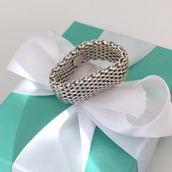 Size 9.5 Tiffany & Co Somerset Ring in Sterling Silver Mesh Weave Flexible Unisex - 4