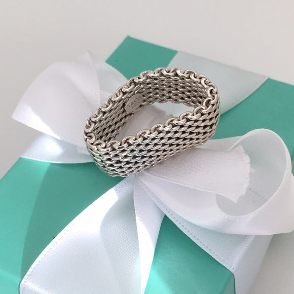 Size 9.5 Tiffany & Co Somerset Ring in Sterling Silver Mesh Weave Flexible Unisex