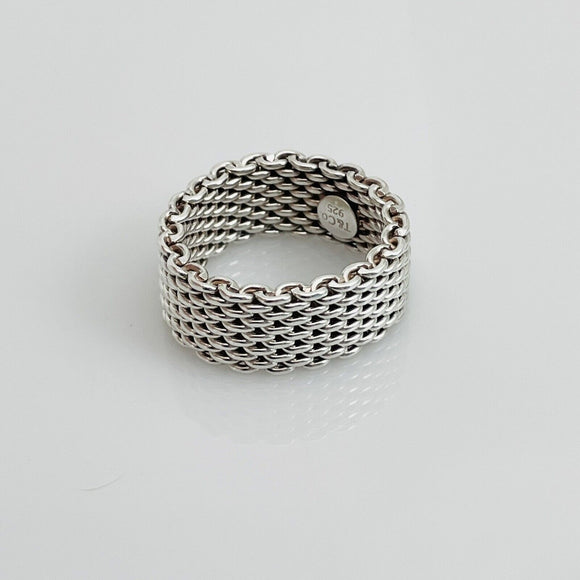 Size 7.5 Tiffany & Co Somerset Ring in Sterling Silver Mesh Weave Flexible Unisex