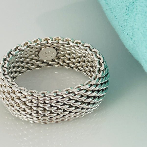 Size 9 Tiffany & Co Somerset Dome Sterling Silver Ring Mesh Weave Flexible Unisex - 5