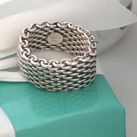 Size 7.5 Tiffany & Co Somerset Sterling Silver Ring Mesh Weave Flexible Unisex
