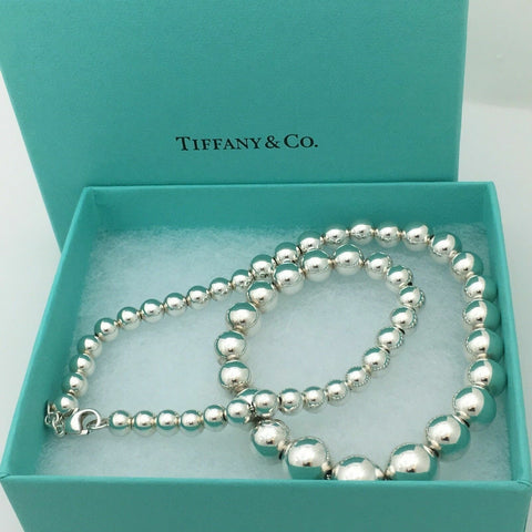 16.5" Tiffany & Co HardWear Graduated Bead Ball Necklace in Silver with Blue Box
