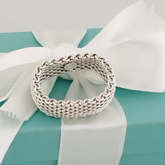 Size 8 Tiffany & Co Somerset Sterling Silver Ring Mesh Weave Flexible Unisex