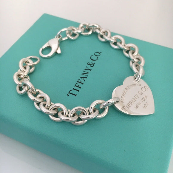 8" Please Return To Tiffany & Co Sterling Silver Center Heart Charm Bracelet