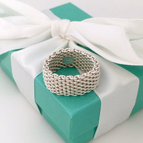 Size 7.5 Tiffany & Co Somerset Sterling Silver Ring Mesh Weave Flexible Unisex - 0