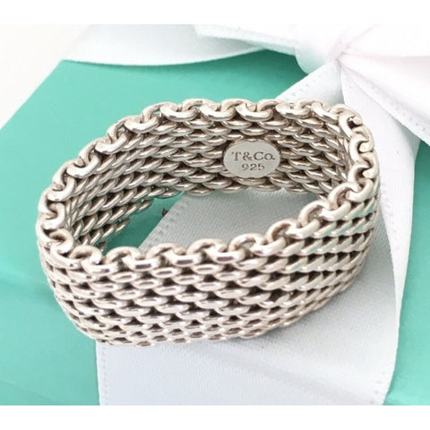 Size 10 Tiffany & Co Somerset Ring in Sterling Silver Mesh Weave Flexible Unisex
