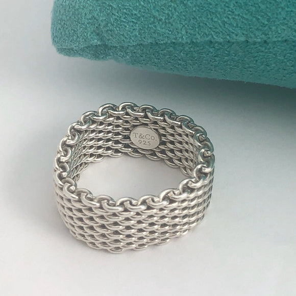 Size 8.5 Tiffany & Co Somerset Ring in Sterling Silver Mesh Weave Flexible Unisex