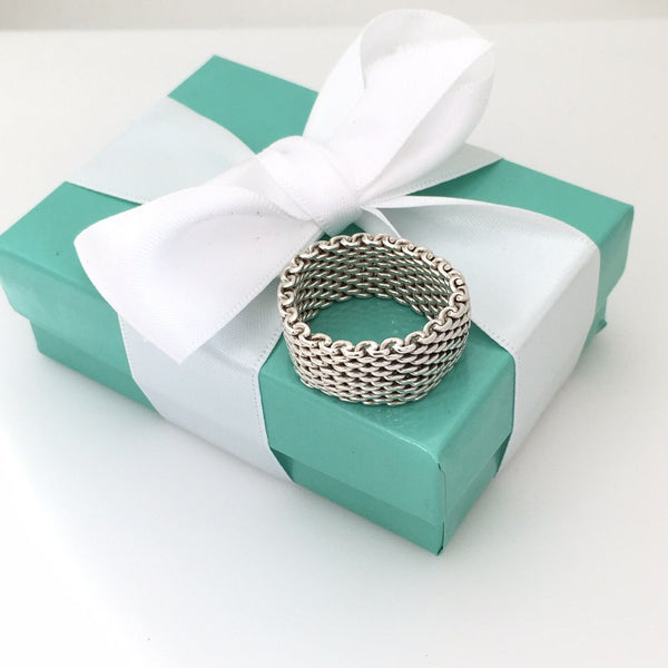 Size 10 Tiffany & Co Somerset Ring in Sterling Silver Mesh Weave Flexible Unisex - 6