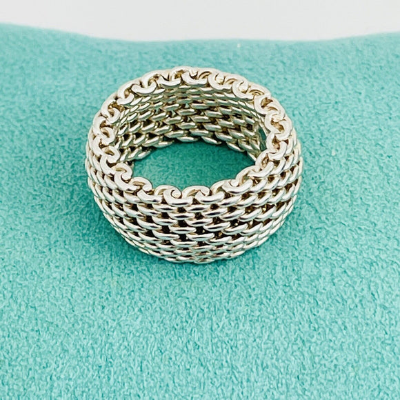 Size 4.5 Tiffany & Co Somerset Mesh Weave Flexible Dome Ring in Sterling Silver