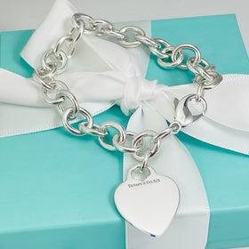 9" Large Tiffany & Co Classic Heart Tag Charm Bracelet in Sterling Silver