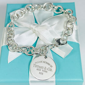 8" Medium Large Return to Tiffany & Co Round Tag Charm Bracelet in Silver