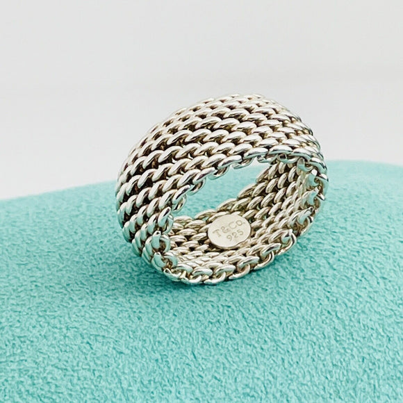 Size 4.5 Tiffany & Co Somerset Mesh Weave Flexible Dome Ring in Sterling Silver
