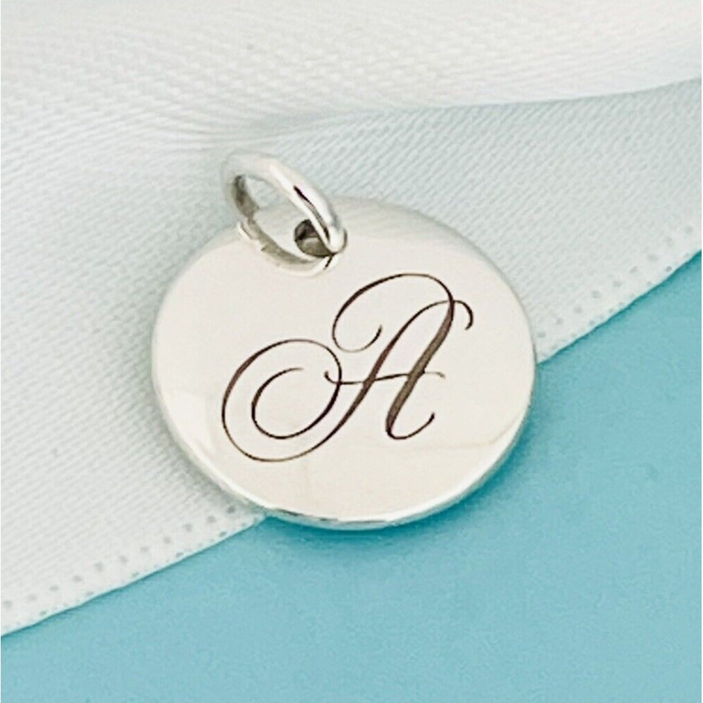 Tiffany Silver Letter A Alphabet Initial Round Circle Notes Disc Charm Pendant