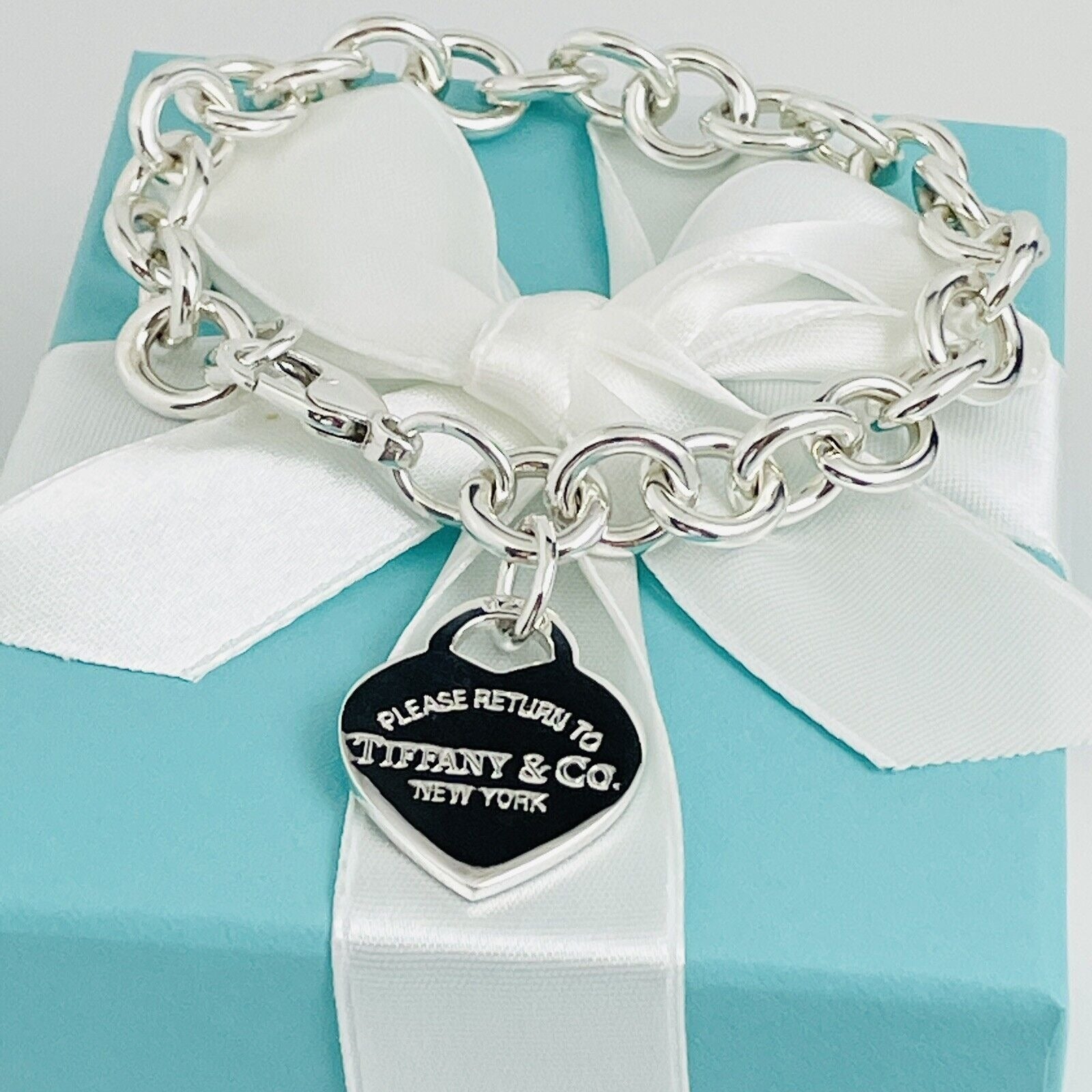 Please Return To Tiffany Heart Tag Charm Bracelet in Silver with Box