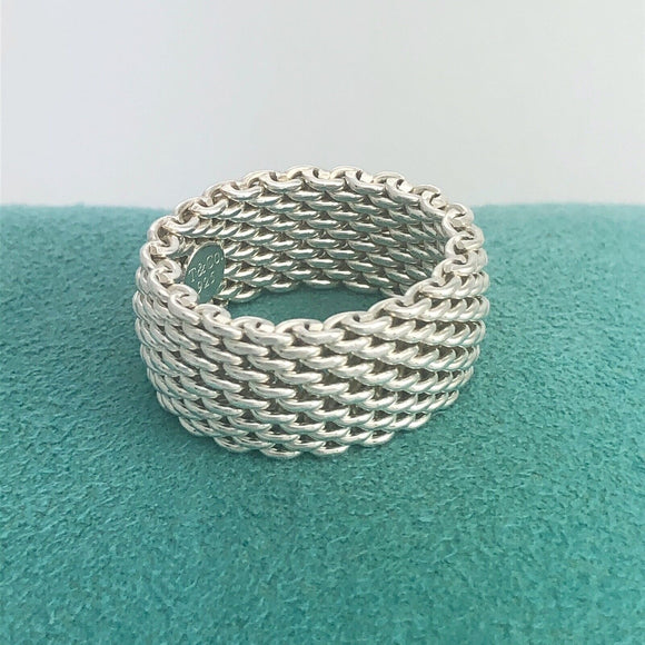 Size 8.5 Tiffany & Co Somerset Ring in Sterling Silver Mesh Weave Flexible Unisex