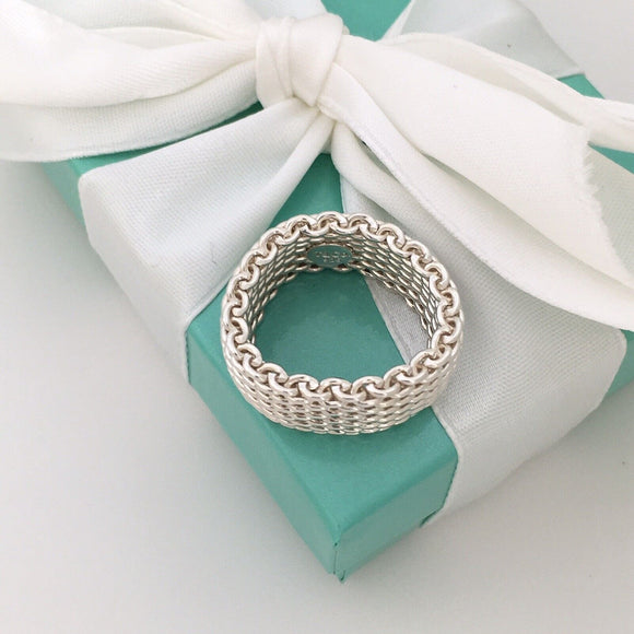 Size 7.5 Tiffany & Co Somerset Sterling Silver Ring Mesh Weave Flexible Unisex