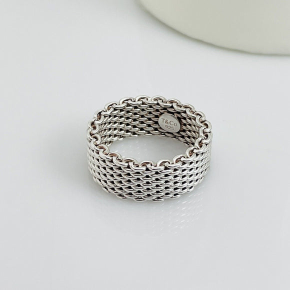 Size 7.5 Tiffany & Co Somerset Ring in Sterling Silver Mesh Weave Flexible Unisex