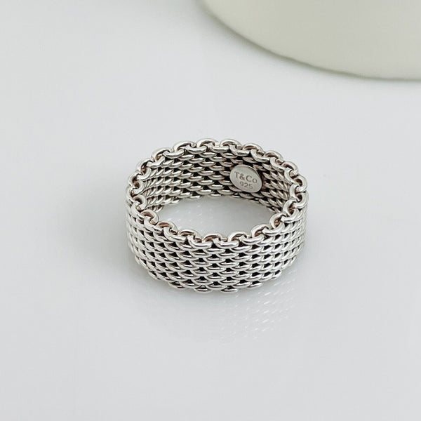 Size 8 Tiffany & Co Somerset Sterling Silver Ring Mesh Weave Flexible Unisex - 3