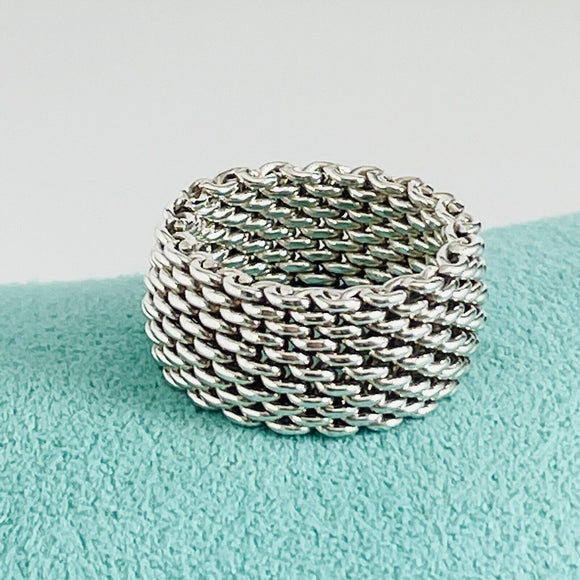 Size 4.5 Tiffany & Co Somerset Mesh Weave Flexible Dome Ring in Sterling Silver